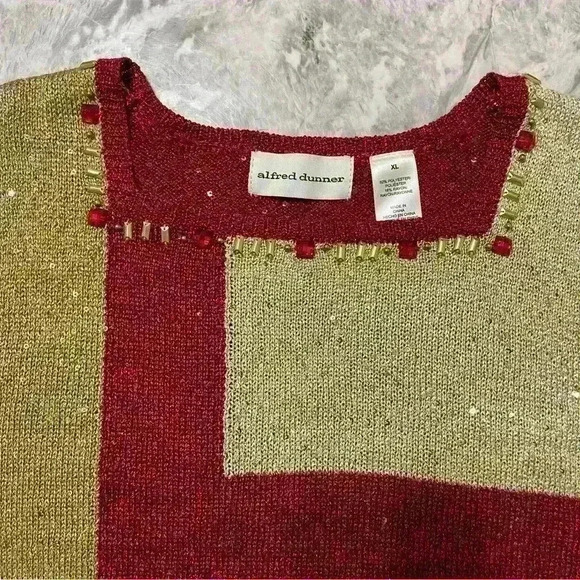 Alfred Dunner Sweater Women XL Red Gold Metallic Color Block Embellished Sweater - Picture 7 of 9
